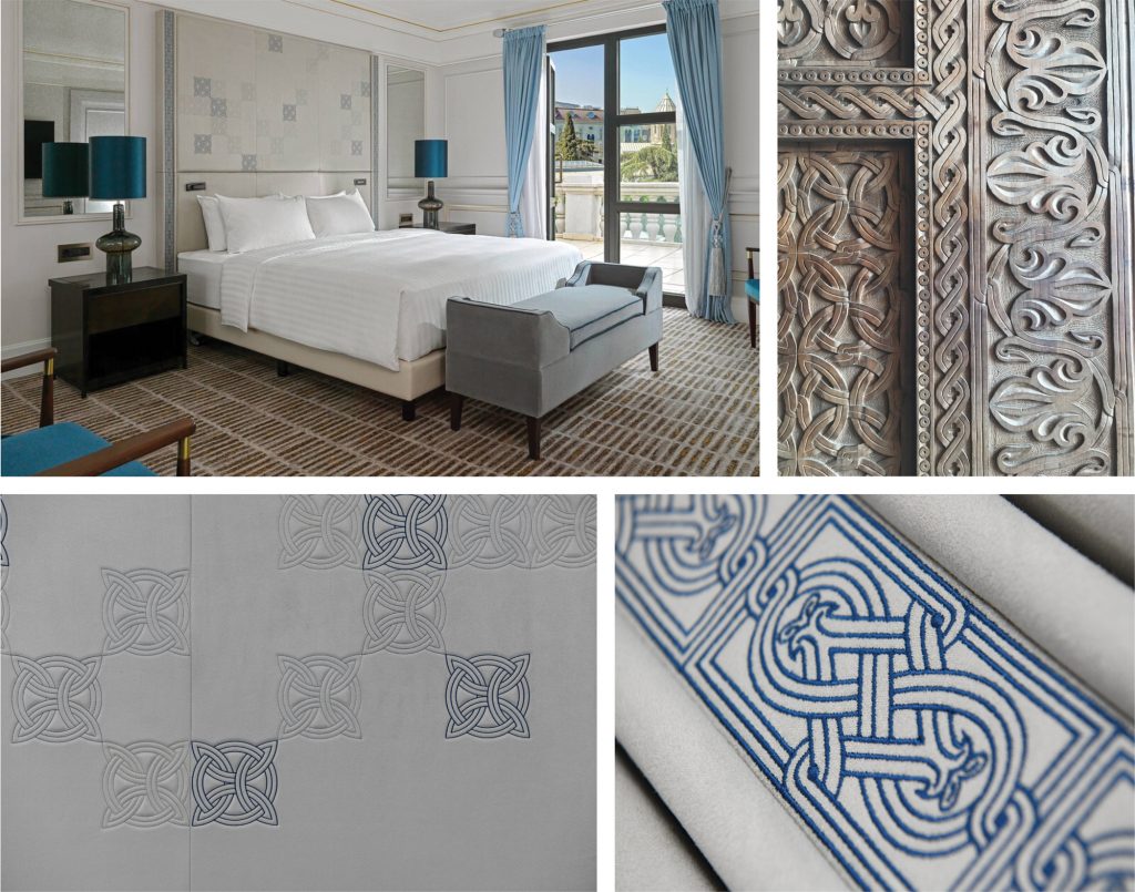 Bespoke embroidered headboards for the newly refurbished Patio Suites in the Marriott Hotel in Tbilisi, Georgia